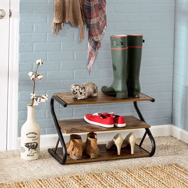 Livingandhome Industrial 3-Tier Metal and Wood Shoe Rack in Brown and Black