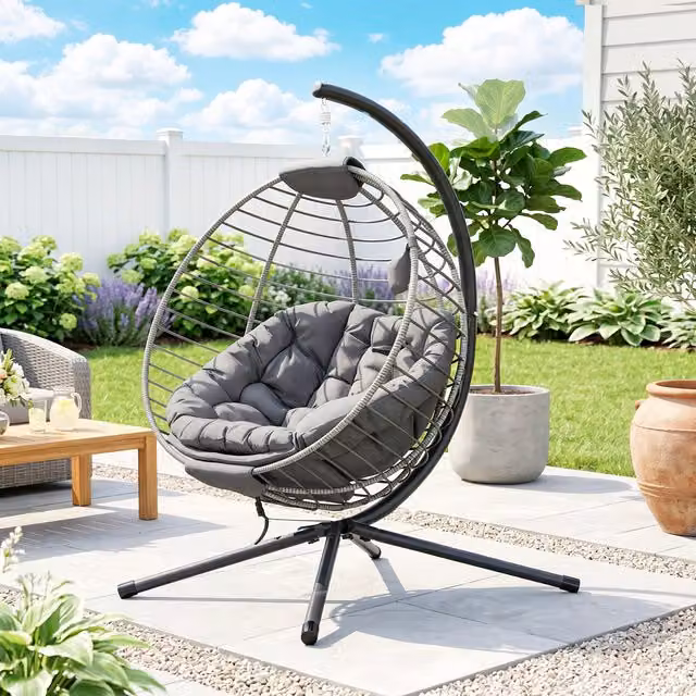 Outsunny Modern Grey PE Rattan Hanging Swing Chair with Cushions