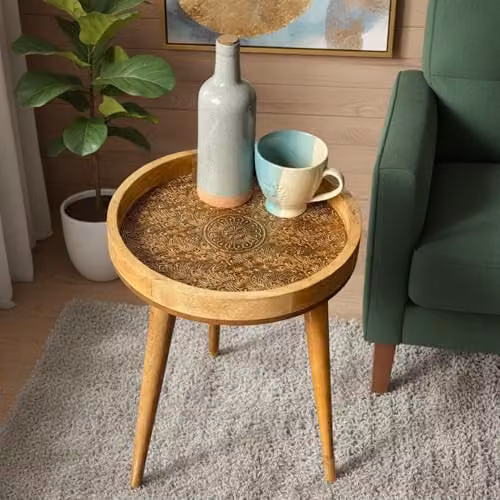 Hartsmede Mango Wood Round Side Table with Glossy Enamel Top in Gold and Brown – 1