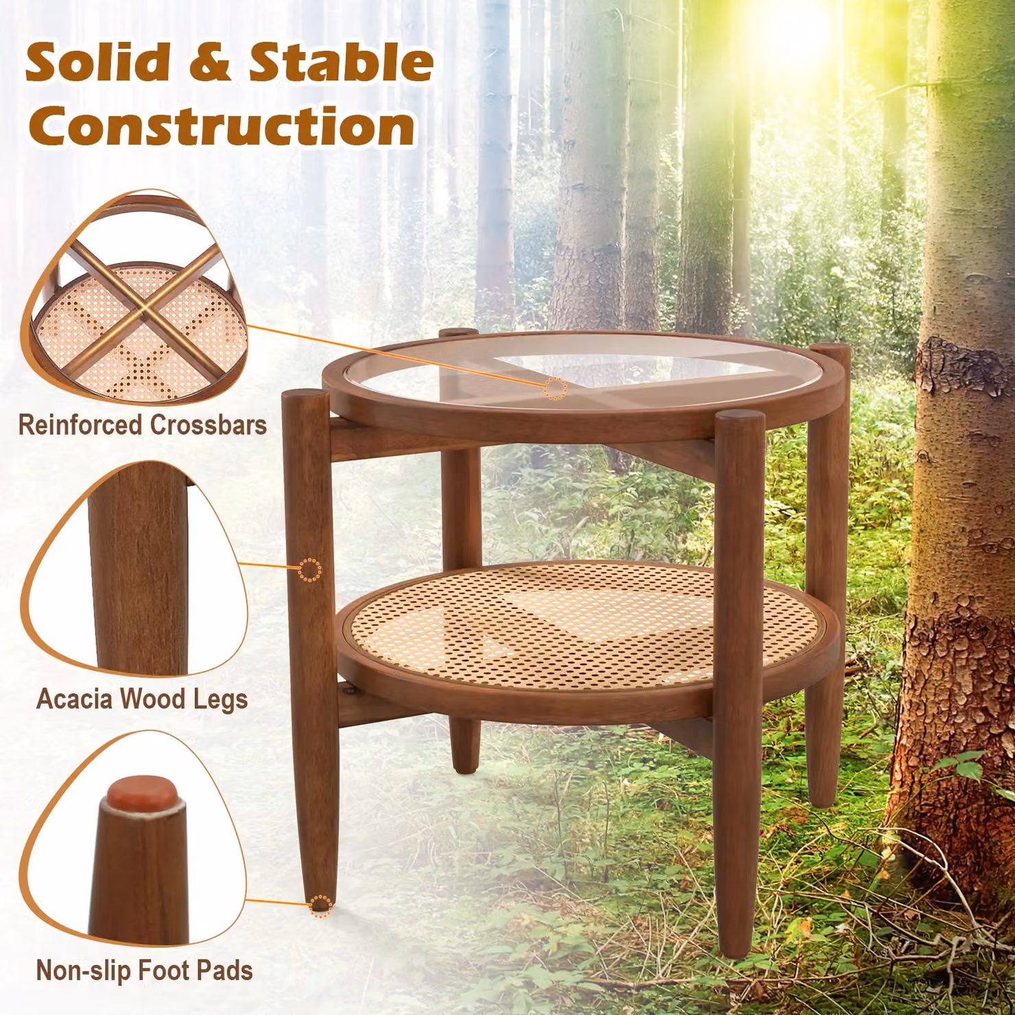 Costway Set of 2 Round 2-Tier PE Rattan Side Tables with Glass and Acacia Wood in Brown – 4