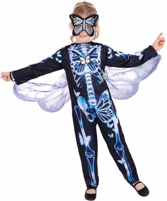 Smiffys Girls Butterfly Skeleton Costume Set in Black, Blue and Multicolour