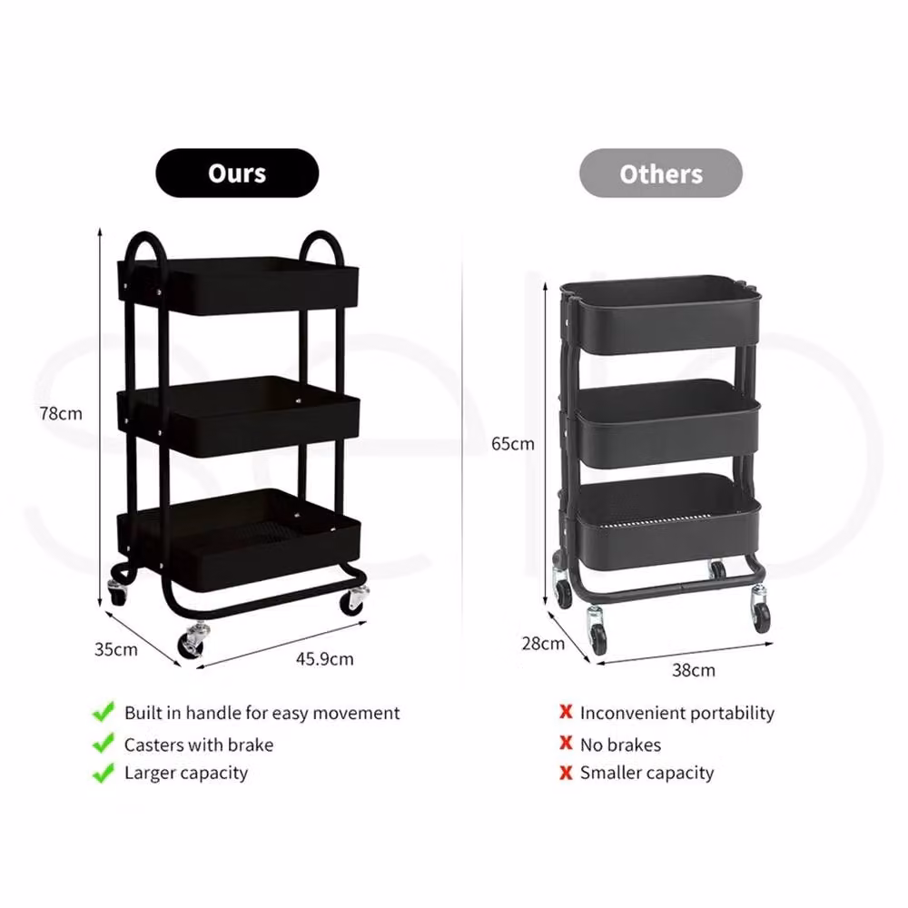 Nordara Black 3-Tier Metal Kitchen Trolley Cart with Rolling Storage Shelves – 2