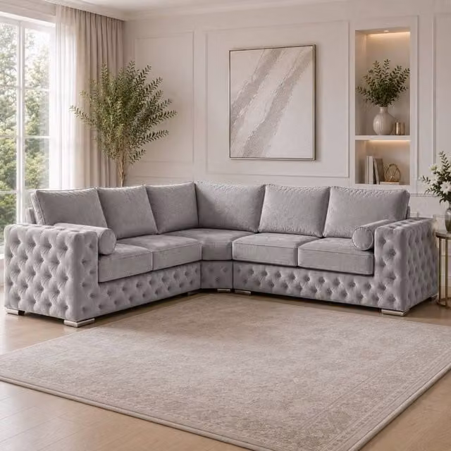 Stratus Interiors Ashley Chesterfield Full Back L-Shape Corner Sofa in Light Grey Plush Velvet Fabric