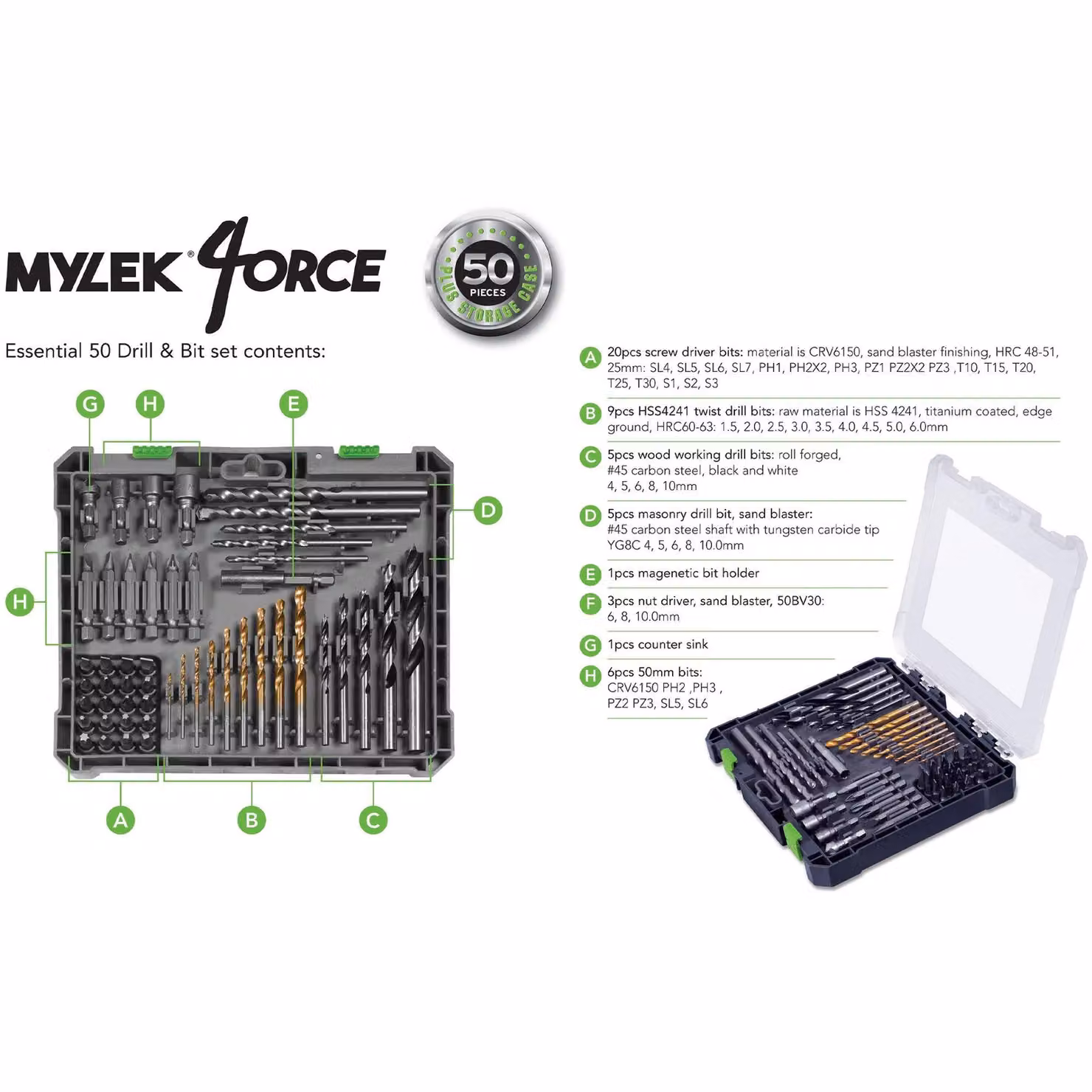MYLEK MYW09 18V Cordless Drill and Electric Screwdriver Set with 50 Piece 4ORCE Accessory Kit in Black – 5