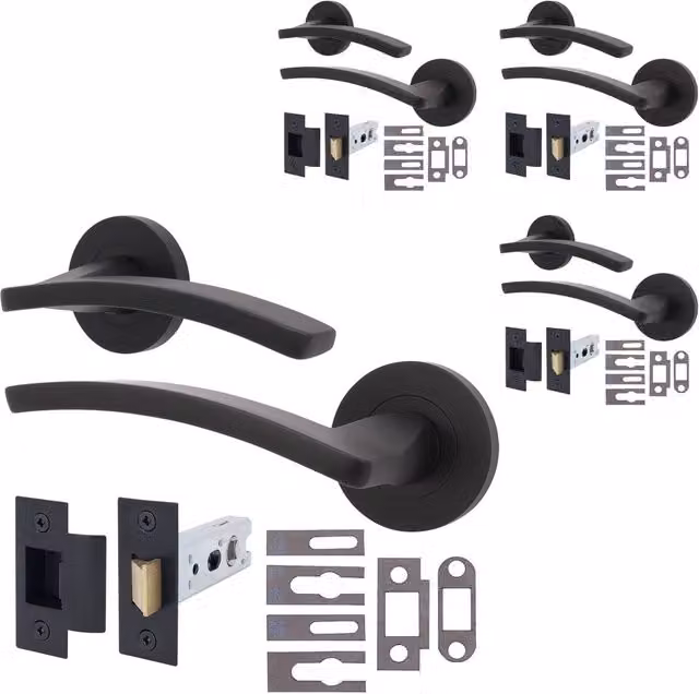 AFIT Matt Black Aluminium Fire Door Handle and Rosette Latch Set, 4 Pack