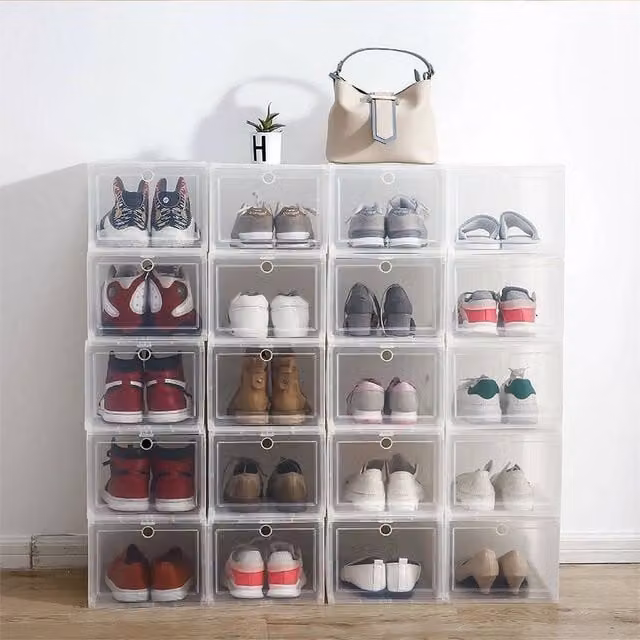 SPETLEK 6 Pack Stackable and Foldable Plastic Shoe Storage Boxes in Transparent and White, W/D/H: 21.5 x 12.5 x 6 cm – 1