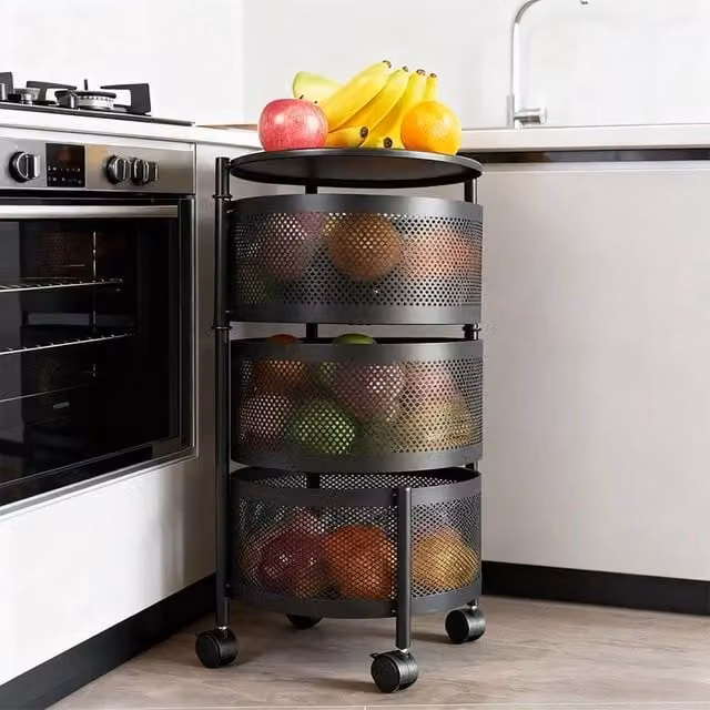 EONLION 3 Tier Kitchen Storage Rack Rotatable Basket Organiser Trolley Cart in Black