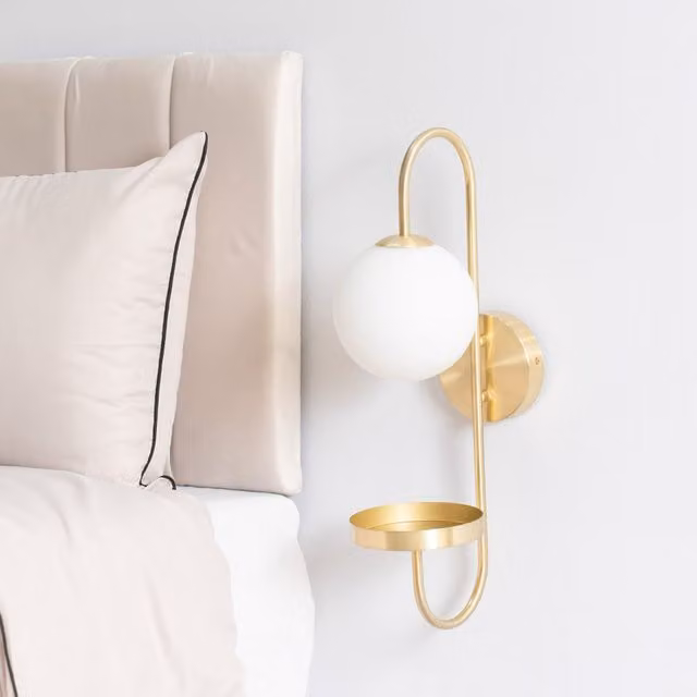Milo Glass Globe Shade Curved Wall Light with Shelf in Gold/Brass