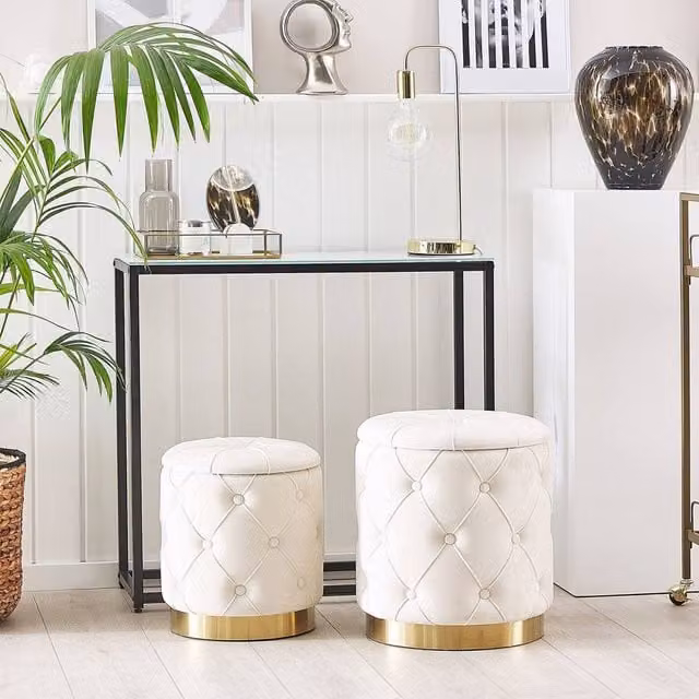 Wyld and Coco White Velvet Button-Tufted Storage Pouffe with Gold Metal Base