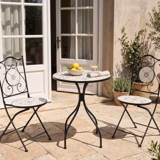 Wyld and Coco Black Wrought Iron Bistro Set with Mosaic Tile Table and 2 Folding Chairs – 1