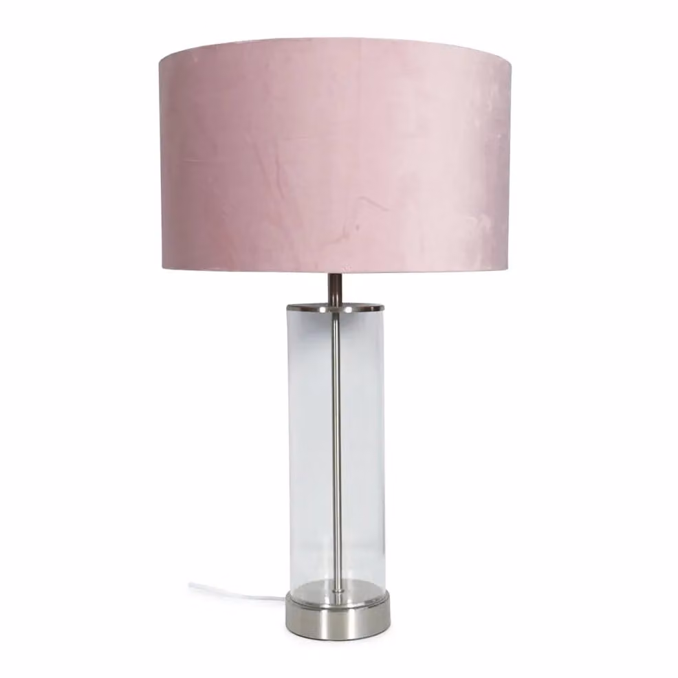 ValueLights Balan Glass and Brushed Chrome Table Lamp with Blush Pink Velvet Drum Shade and Included LED Bulb – 1