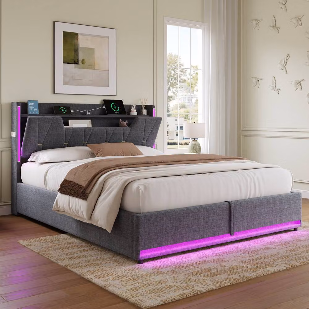 Matteo King Upholstered Bed Frame with Hydraulic Storage, LED Lighting and USB Charging Port, Grey Linen, W/D/H: 180 x 200 x 151 cm – 8