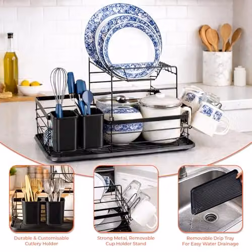 Innoteck Essentials 2 Tier Dish Drainer Rack with Removable Cutlery Holder and Metal Drip Tray, Black, W: 41.5 cm, D: 30.5 cm, H: 27 cm – 4