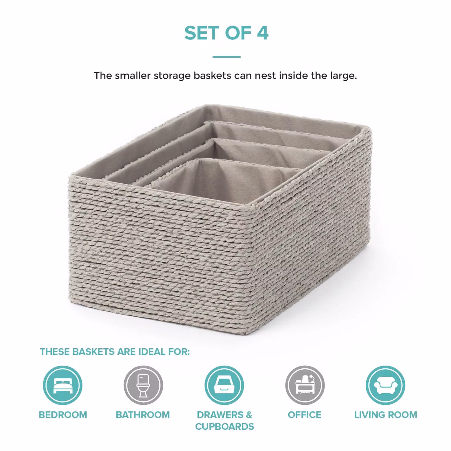 LIVIVO Set of 4 Grey Paper Rope Woven Stackable Storage Baskets for Home, Office and Bathroom – 4