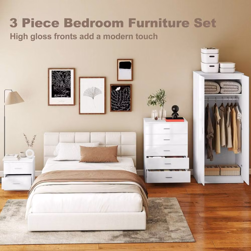 Wyld Haus Belatera 3 Piece High Gloss White Bedroom Furniture Set – 3
