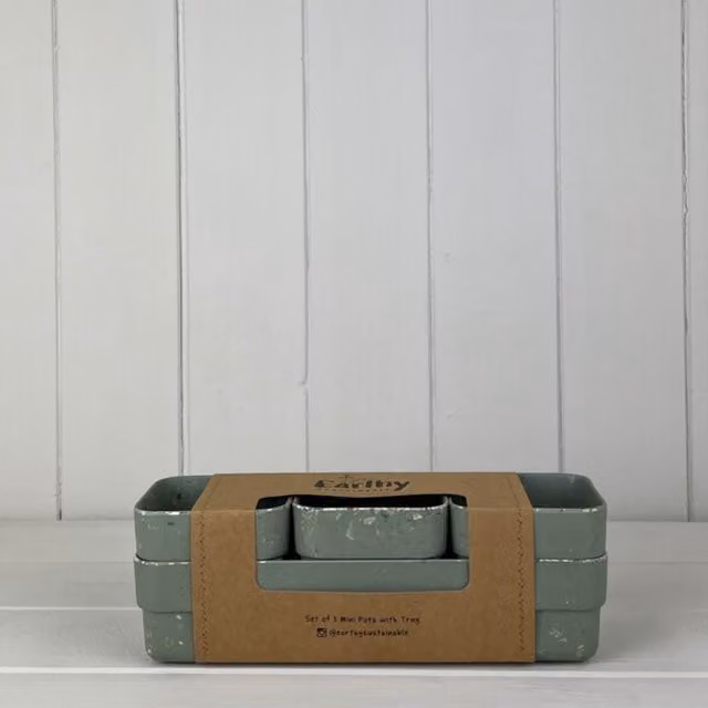 KDMD Bamboo Terrazzo Trio Ceramic Tabletop Pots with Tray in Dark Green Earthy Sage and Pale Green
