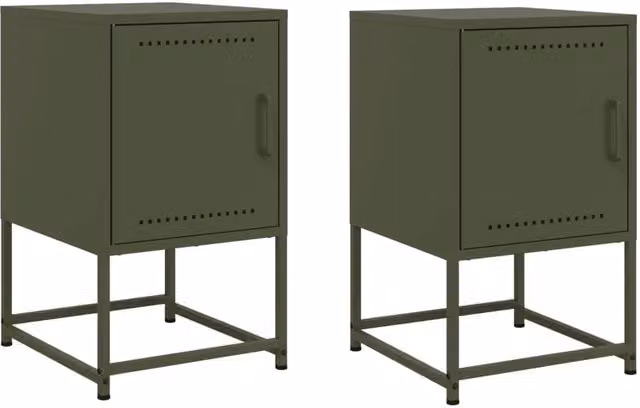 Berkfield Home Set of 2 Industrial Metal Bedside Cabinets, Olive Green, W: 36 cm, D: 39 cm, H: 60.5 cm – 1