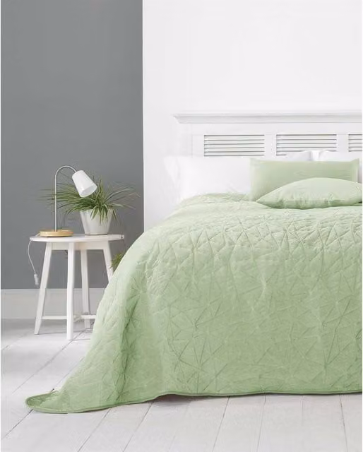 HomeSpace Direct Alexa Geometric Velvet Bedspread in Sage Green