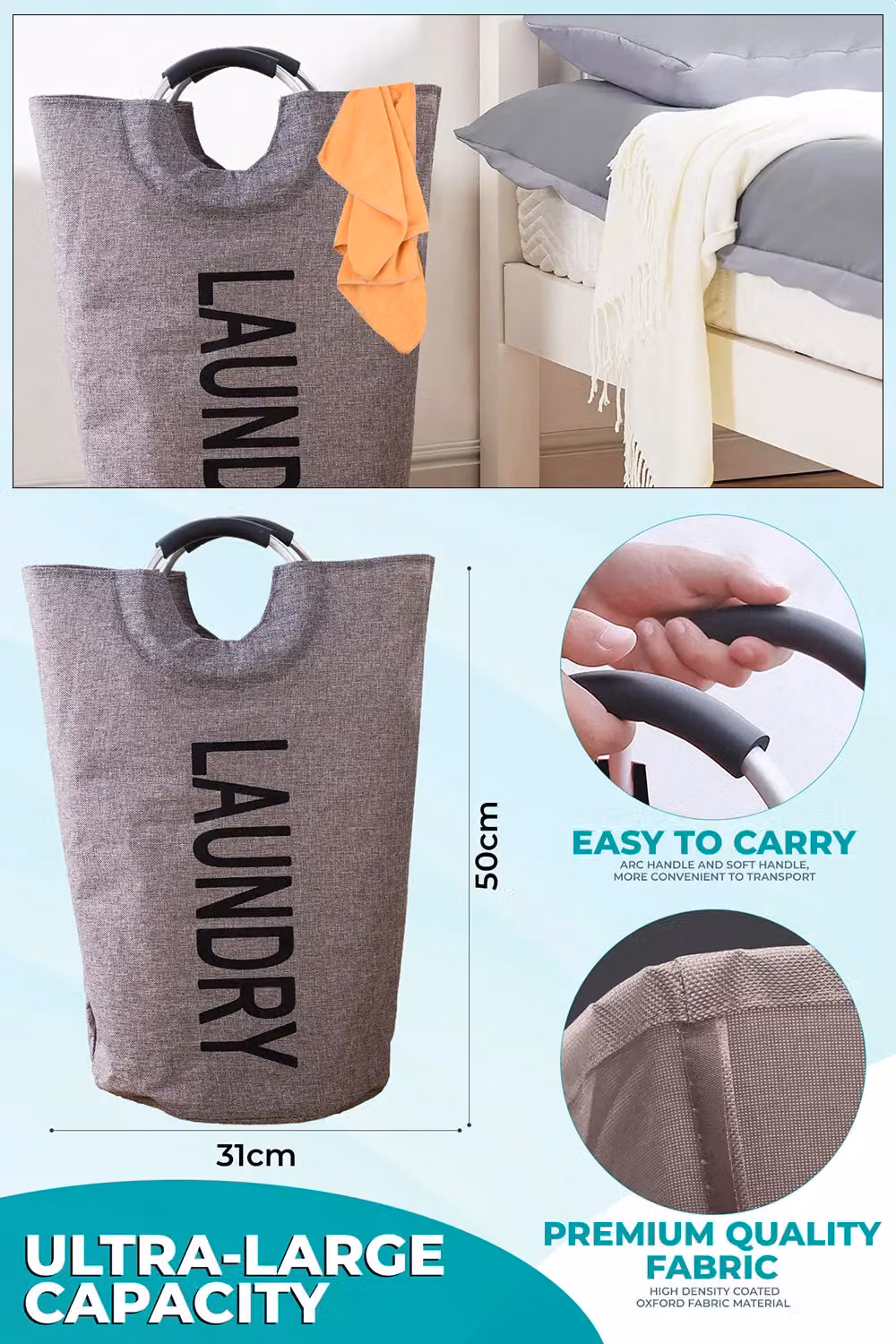Neel Blue 40L Collapsible Laundry Basket with Padded Handles in Grey – 2