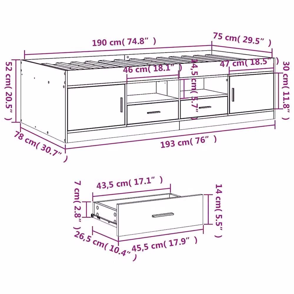 Berkfield Home Smoked Oak Daybed with Drawers in Brown, Small Single, W/D/H: 75 x 190 cm – 7