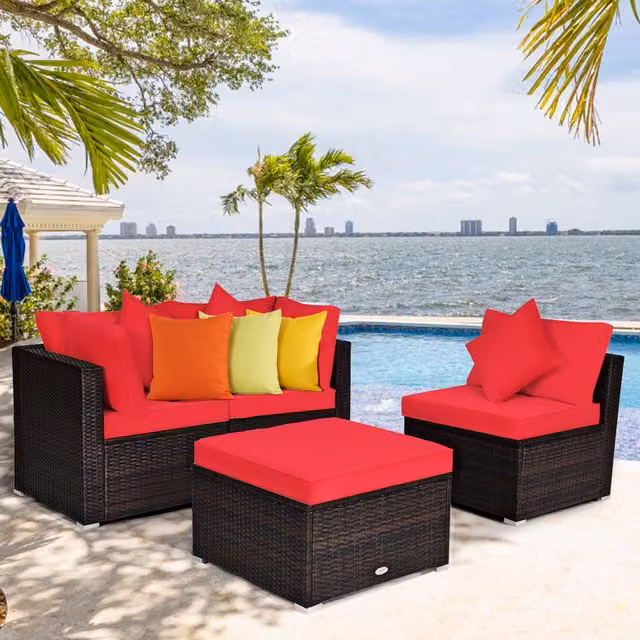 Costway 4-Piece Modern Red Rattan Wicker Outdoor Sofa and Ottoman Set