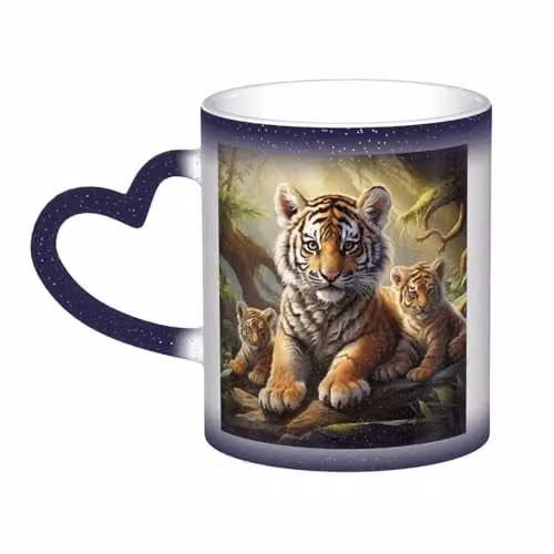 Oudrspo Jungle Tigers Cub Heat Sensitive Colour Changing Ceramic Coffee Mug, Blue, 12 oz – 1