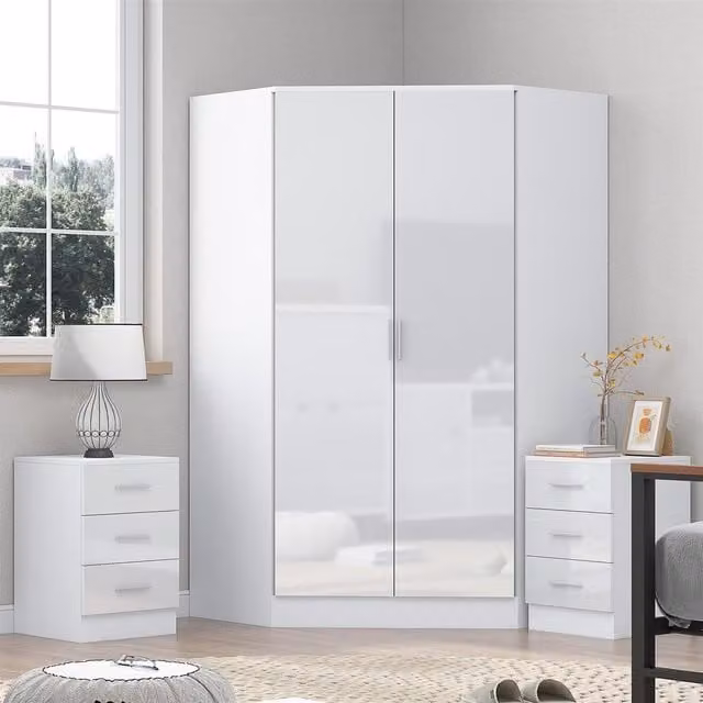 Reflect Modern Glossy Black and White Bedroom Set with Corner Unit and Two 3-Drawer Bedside Tables