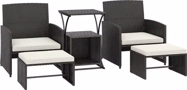 Outsunny 6 Piece Black Rattan Garden Furniture Set with Nesting Tables, Chairs, Stools and Cushions – 1
