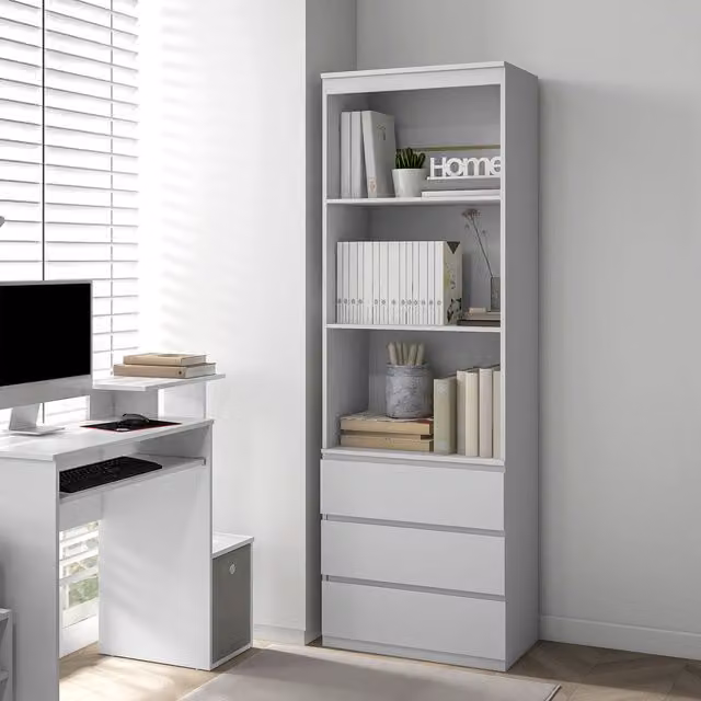 HOMCOM Modern Tall White Bookcase with Shelves and Drawers for your Living Room