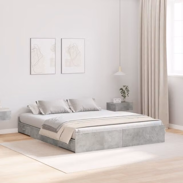 Berkfield Home Storage Bed Frame in Grey Engineered Wood, W: 135 cm x D: 190 cm