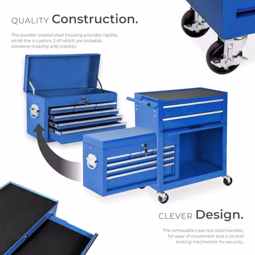 tectake Lockable and Rollable Steel Tool Chest in Blue – 5