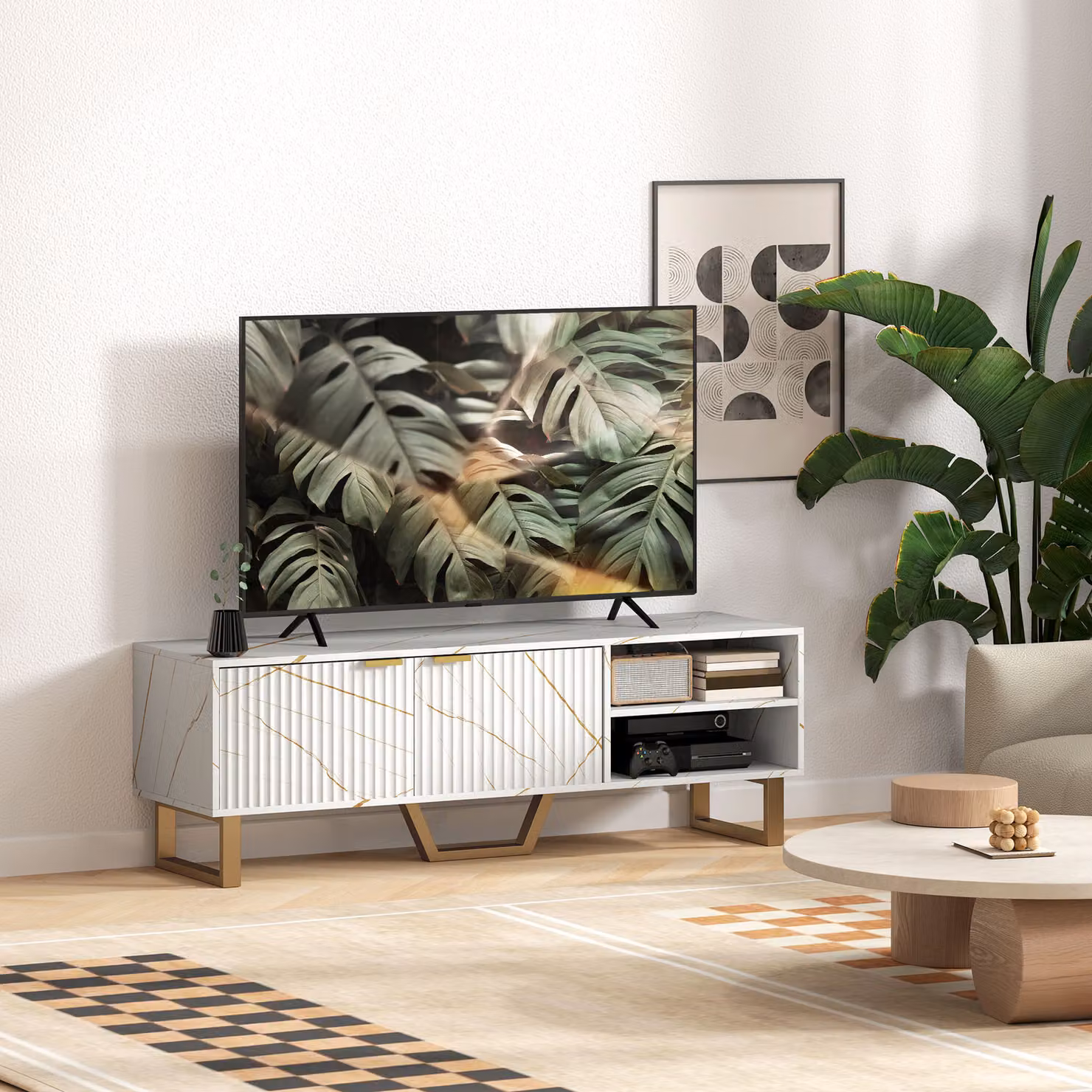 HOMCOM Modern Marble Effect TV Unit in White and Gold with Fluted Doors and Storage Shelves for TVs up to 70 inch – 6