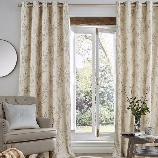 Laura Ashley Pussy Willow Floral Ready Made Eyelet Curtains in Off White and Dove Grey