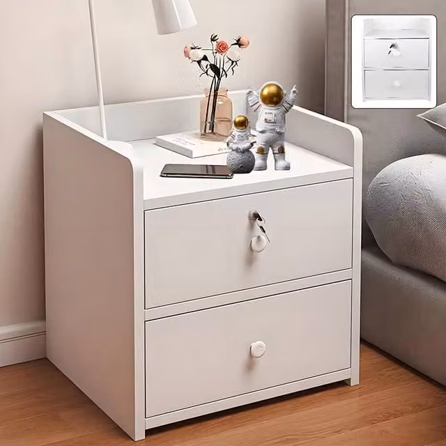 FORGEVIO S White Wooden Bedside Cabinet with 2 Drawers