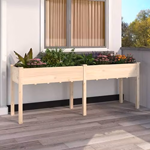 vidaXL Solid Wood Fir Planter with Liner, Natural Brown, W: 203 cm, D: 53 cm, H: 76 cm – 2
