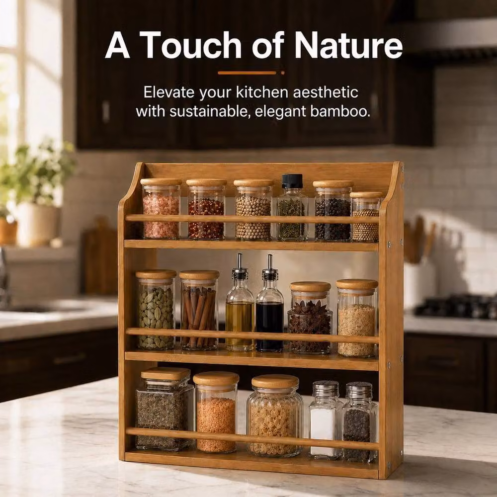 Kelvenix 3-Tier Wooden Spice Rack in Brown and Sand, W/D/H: 40.2 x 40.2 x 12.6 cm – 3