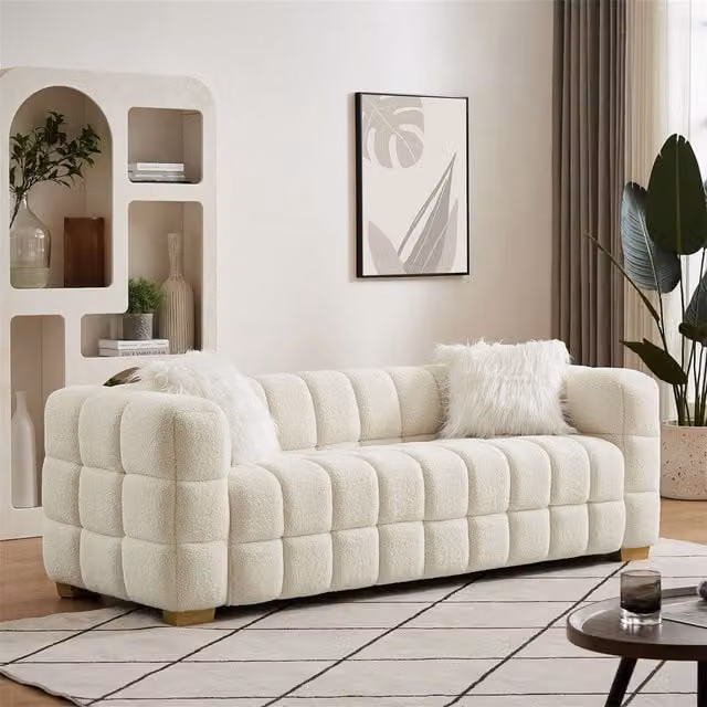 Furniture One 3 Seater Teddy Fleece Bouclé Fabric Sofa in White with 2 Scatter Cushions and Solid Wood Frame