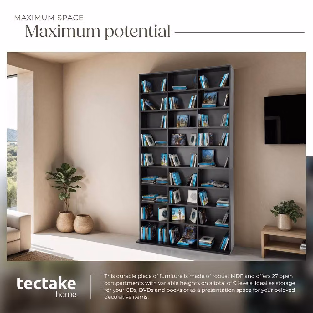 tectake Christel CD Shelf Unit in Black with 27 Compartments and Adjustable Shelves – 3