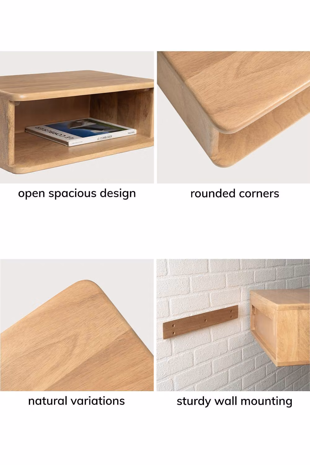 MH London Solie Floating Nightstand, Wall Mounted Mango Wood Bedside Table with Open Storage Shelf in Natural – 4