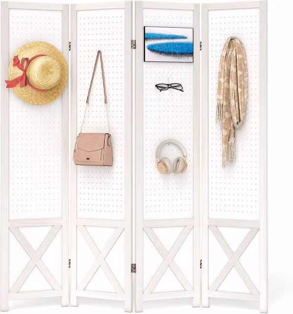 Costway 4-Panel White Pegboard Room Divider