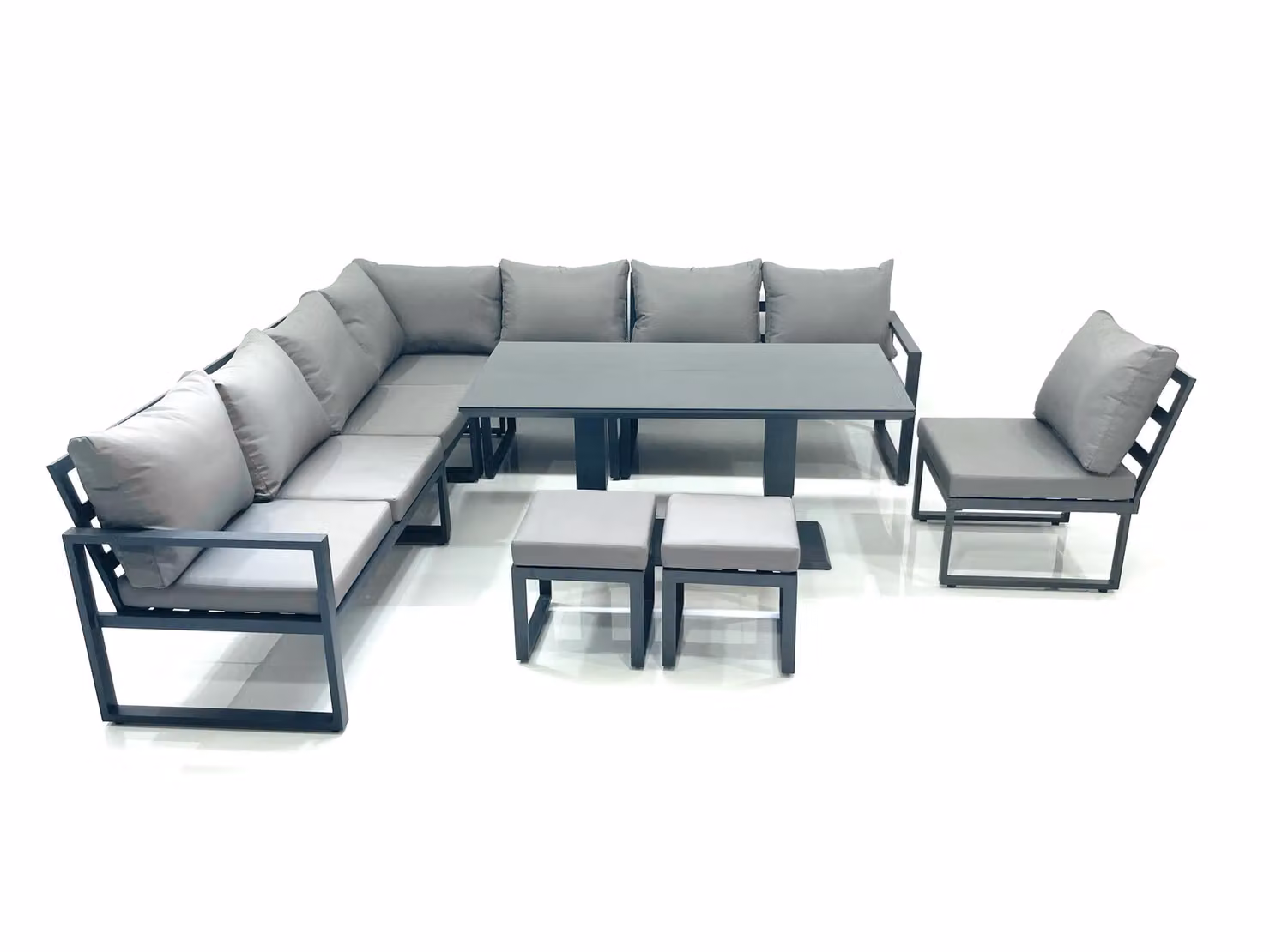 Fimous 10 Seater Outdoor Aluminium Garden Furniture Set with Corner Sofa, 2 Small Footstools and Height Adjustable Dining Table in Dark Grey – 2