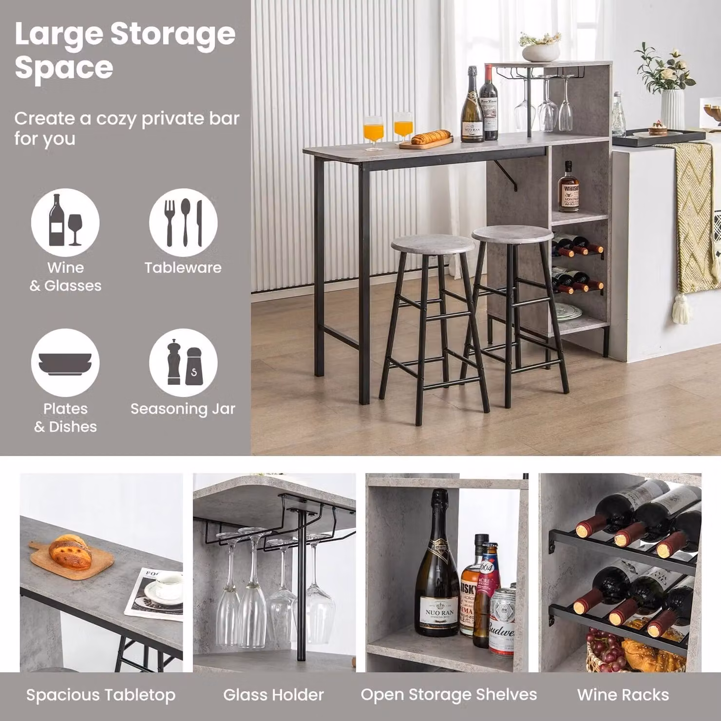 Costway Industrial Kitchen Dining Set with Bar Table and 2 Stools in Grey – 2