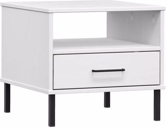 Berkfield Home Oslo Bedside Table in White Solid Pine Wood with Metal Legs – 1