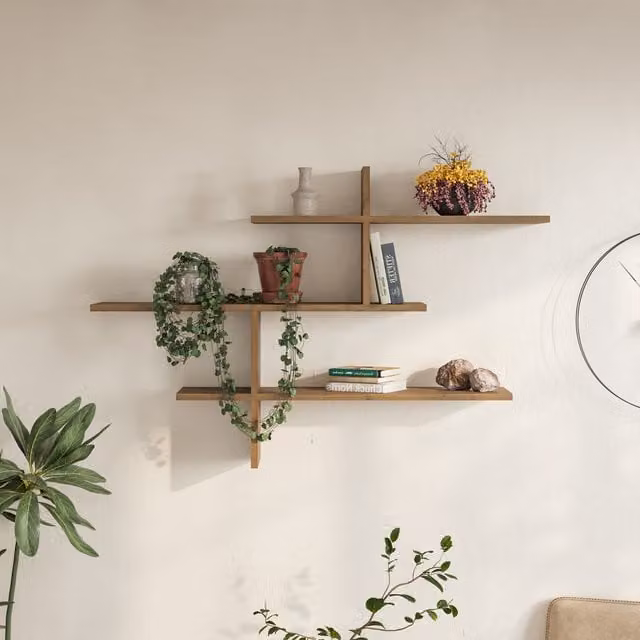 Decortie Leo Modern Three Tier Floating Wall Shelf, Brown, Width: 123 cm