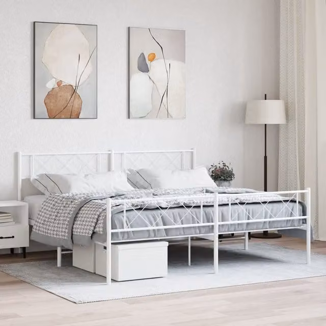 Berkfield Home Metal Bed Frame with Headboard and Footboard in White, W/D/H: 193 x 203 cm