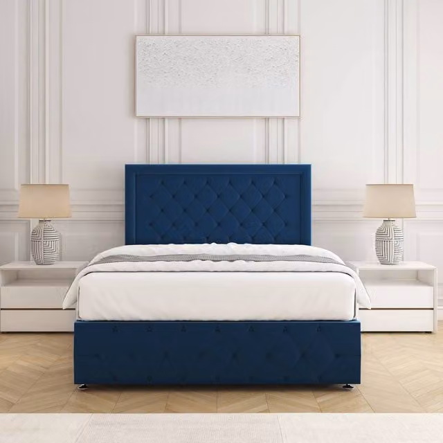 BSSPOKE Lena King Size Divan Bed with 24 inch Headboard and Mattress in Blue Plush Velvet, W/D/H: 180 x 200 cm