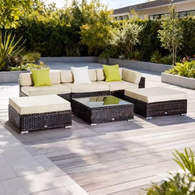 ERGOVEXA 6 Piece Rattan Garden Furniture Set with Upholstered Cushions in Brown, Beige, Green and White