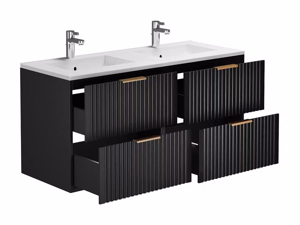 Vente-unique Ribbed Suspended Bathroom Unit with Built-in Washbasin, Black, W: 120 cm, D: 46 cm, H: 57 cm – 4