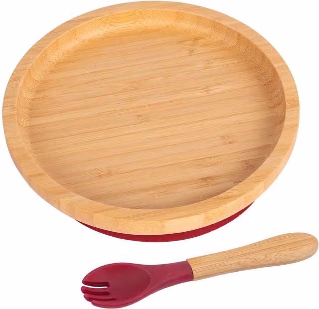 Tiny Dining Bamboo Round Baby Weaning Plate and Fork Set in Red