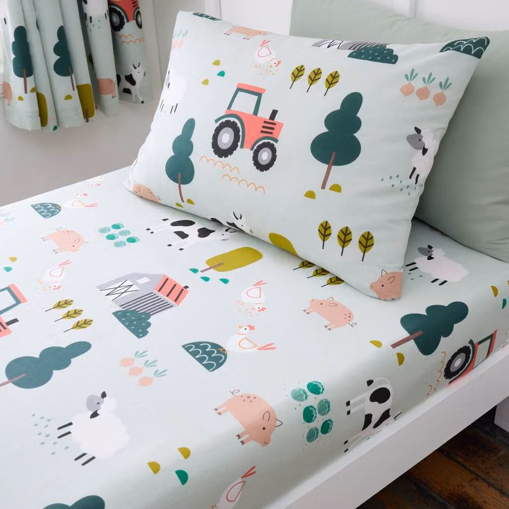 Happy Linen Company Barn Yard Farm Animals Reversible Duvet Cover and Pillowcase Set, Green, Single, W: 90 cm, L: 200 cm – 3